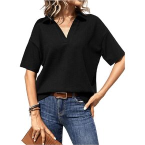 Verdusa Women's Drop Shoulder Tee Top Collar V Neck Half Sleeve Loose T Shirts