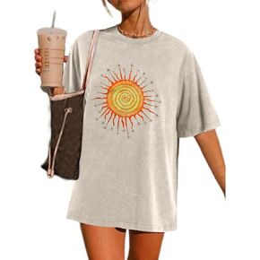 Vintage Oversized Sun Aesthetic Graphic Tees Distressed Band T Shirts for Women Boyfriend Baggy Casual Shirt Tops
