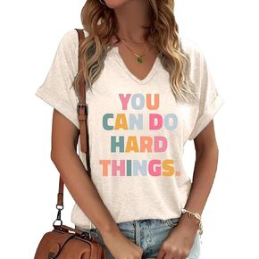 Womens Summer V Neck Shirt Funny Letter Printed Graphic Short Sleeve Tee Casual Loose Fit Holiday Tops