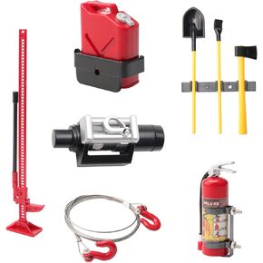 8pcs 1:10 RC Rock Crawler Truck Mini Accessories Decor Tool Sets Digging Shovel Fuel Tank Jack Winch Tow Rope Fire Extinguisher for TRX-4 SCX10 Jeep D90 D110 TF2 CC01 Redcat Gen7 Gen8