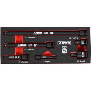 ARES 27074 – 6-Piece 3/8-Inch Drive Impact Socket Accessories Set – Premium Chrome Moly Steel Universal Joint, Adapters, and Wobble Extensions – Laser Engraved Size Markings