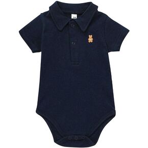 A & V Unisex Baby Boys Girls 100% Cotton Polo Bodysuit with Cute Bear Embroidery