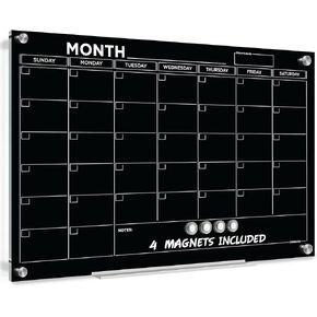 Black 24"x36" Magnetic Glass Whiteboard Calendar Planner White Board Calendar Dry Erase Board Dry Erase Calendar for Wall Monthly Glass Calendar Whiteboard Home Office Large Wall Calendar 2024