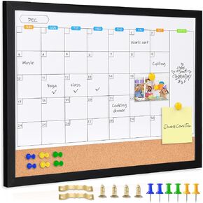 Monthly Whiteboard Calendar with Cork Board for Wall, 17"x13",Magnetic Dry Erase Board with Black Wood Framed,2-1 Wall Planner Whiteboard, Bulletin Board with Pins for Home, School,Office