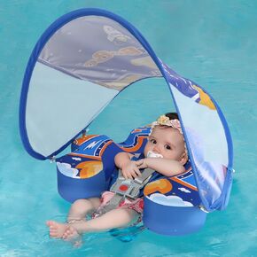 Swimbobo Baby Floats for Pool with Canopy Non Inflatable Soft Skin-Friendly Fabric Material Infant Swim Float for Boys and Girls Swimming Pool Toys (Blue Spaceship)