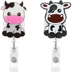 2PCS Cute Cow Badge Reel Retractable Badge Holder Reel Acrylic Name Badge Holder with ID Clip for Nurses Funny Nurse Badge Reel Clip Doctor Office Workers Hospital Students