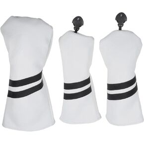 TEENGSE 3PCS PU Leather Golf Cover, Golf Club Head Covers Set with Classic Stripes for Protecting Wood Hybrid Golf Clubs, Waterproof and Lightweight