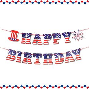 4th of July Happy Birthday Banner, Pre-assembled Glitter Memorial Independent Day Celebration Red White Blue Patriotic Themed Party Decorations