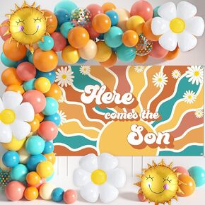 Here Comes The Son Baby Shower Decorations, 80pcs Boho Retro Sun Balloon Garland Arch Kit, Here Comes the Sun Backdrop Sun Foil Balloons Daisy Balloons for Boy Sunshine(Son-Balloon-02)