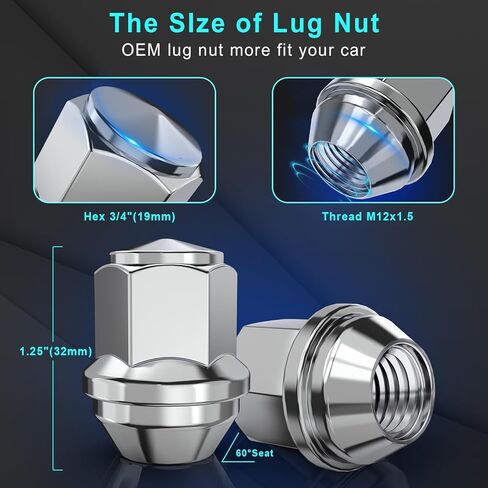 M12x1.5 HEX 3/4 بوصة (19 مم) OEM كروم العروة - استبدال لـ 2006-2019 Ford Fusion، 2000-2019 Ford Focus، 2001-2020 Ford Escape Factory Wheel (مجموعة من 20) in Kuwait