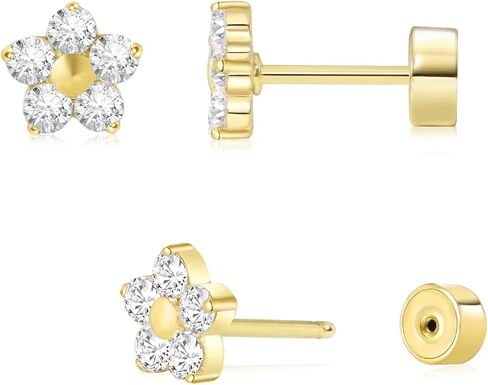 Threadless Flat Back Earrings, Hypoallergenic 14K Real Gold Plated CZ Butterfly, Flower, Crawler Stud Earrings | Cartilage Earring | Tragus Helix Piercing Jewelry | Push in Flatback Earrings for Women Men Girls in Saudi Arabia