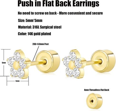 Threadless Flat Back Earrings, Hypoallergenic 14K Real Gold Plated CZ Butterfly, Flower, Crawler Stud Earrings | Cartilage Earring | Tragus Helix Piercing Jewelry | Push in Flatback Earrings for Women Men Girls in Saudi Arabia