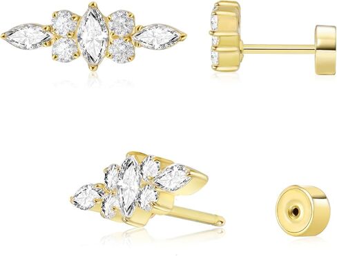 Threadless Flat Back Earrings, Hypoallergenic 14K Real Gold Plated CZ Butterfly, Flower, Crawler Stud Earrings | Cartilage Earring | Tragus Helix Piercing Jewelry | Push in Flatback Earrings for Women Men Girls in Saudi Arabia