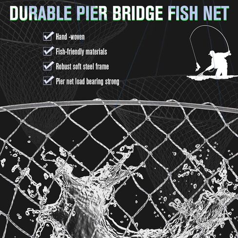 شبكة رصيف، شبكة إسقاط لصيد الرصيف، شبكة صيد الجسور بحبل، شبكة طوق سرطان البحر - شبكة هبوط رصيف قابلة للطي، مادة فولاذية ناعمة، شبكة من النايلون لسهولة التخزين (قطر 32 بوصة) in Kuwait