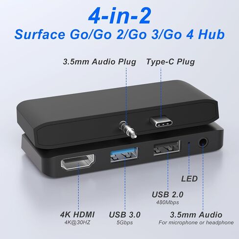 محطة إرساء Surface Go Hub لملحقات Microsoft Surface Go 4/3/2/1 مع 4K HDMI، USB 3.0، USB 2.0، محول صوت/سماعة رأس 3.5 مم، محول USB C محمول لـ Surface Go/Go 2 /Go 3 /Go 4 in Saudi Arabia