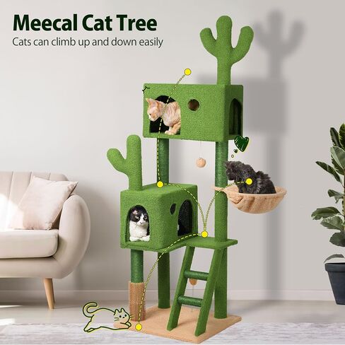 Cactus Cat Tree for Large Cats,63" Green Cat Tower with Scratching Post, Deep Hammock,Condos,Cat Ladder,Cat Self Groomer,Dangling Ball,Swing Ball, Large Cat Tree Tower for Big Indoor Cats in Saudi Arabia