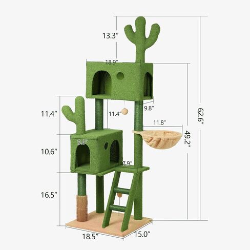 Cactus Cat Tree for Large Cats,63" Green Cat Tower with Scratching Post, Deep Hammock,Condos,Cat Ladder,Cat Self Groomer,Dangling Ball,Swing Ball, Large Cat Tree Tower for Big Indoor Cats in Saudi Arabia