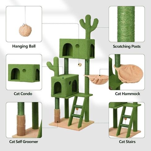 Cactus Cat Tree for Large Cats,63" Green Cat Tower with Scratching Post, Deep Hammock,Condos,Cat Ladder,Cat Self Groomer,Dangling Ball,Swing Ball, Large Cat Tree Tower for Big Indoor Cats in Saudi Arabia