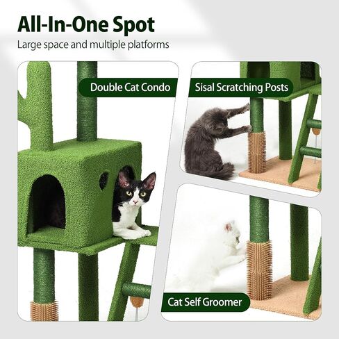 Cactus Cat Tree for Large Cats,63" Green Cat Tower with Scratching Post, Deep Hammock,Condos,Cat Ladder,Cat Self Groomer,Dangling Ball,Swing Ball, Large Cat Tree Tower for Big Indoor Cats in Saudi Arabia