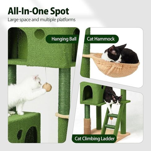 Cactus Cat Tree for Large Cats,63" Green Cat Tower with Scratching Post, Deep Hammock,Condos,Cat Ladder,Cat Self Groomer,Dangling Ball,Swing Ball, Large Cat Tree Tower for Big Indoor Cats in Saudi Arabia