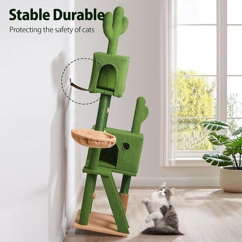 Cactus Cat Tree for Large Cats,63" Green Cat Tower with Scratching Post, Deep Hammock,Condos,Cat Ladder,Cat Self Groomer,Dangling Ball,Swing Ball, Large Cat Tree Tower for Big Indoor Cats in Saudi Arabia