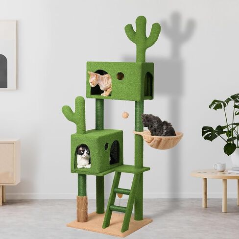 Cactus Cat Tree for Large Cats,63" Green Cat Tower with Scratching Post, Deep Hammock,Condos,Cat Ladder,Cat Self Groomer,Dangling Ball,Swing Ball, Large Cat Tree Tower for Big Indoor Cats in Saudi Arabia