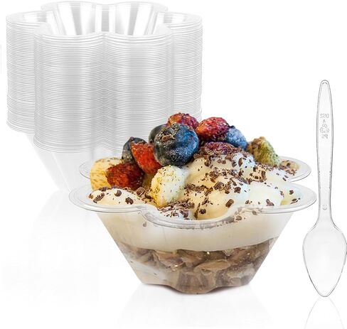 TOFLEN 8 oz Dessert Cups with Spoons, 50 Pack Clear Plastic Small Party Serving Bowls for Sundae, Parfait, Fruit, Strawberry Shortcake, Disposable Snack Bowls (Flower Shape) in Saudi Arabia