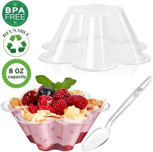 TOFLEN 8 oz Dessert Cups with Spoons, 50 Pack Clear Plastic Small Party Serving Bowls for Sundae, Parfait, Fruit, Strawberry Shortcake, Disposable Snack Bowls (Flower Shape) in Saudi Arabia