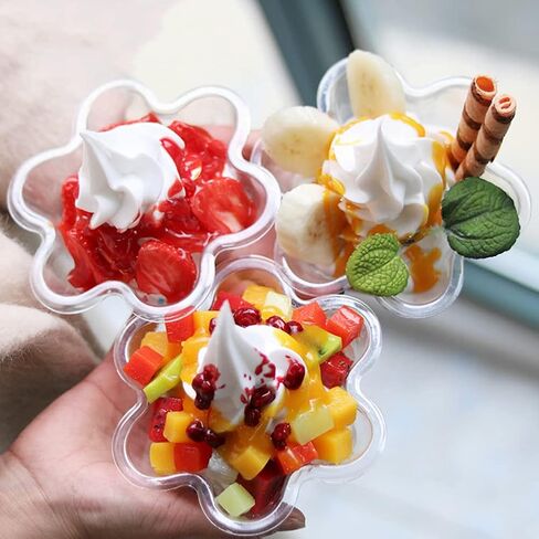 TOFLEN 8 oz Dessert Cups with Spoons, 50 Pack Clear Plastic Small Party Serving Bowls for Sundae, Parfait, Fruit, Strawberry Shortcake, Disposable Snack Bowls (Flower Shape) in Saudi Arabia
