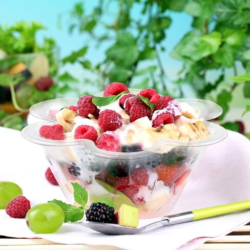 TOFLEN 8 oz Dessert Cups with Spoons, 50 Pack Clear Plastic Small Party Serving Bowls for Sundae, Parfait, Fruit, Strawberry Shortcake, Disposable Snack Bowls (Flower Shape) in Saudi Arabia