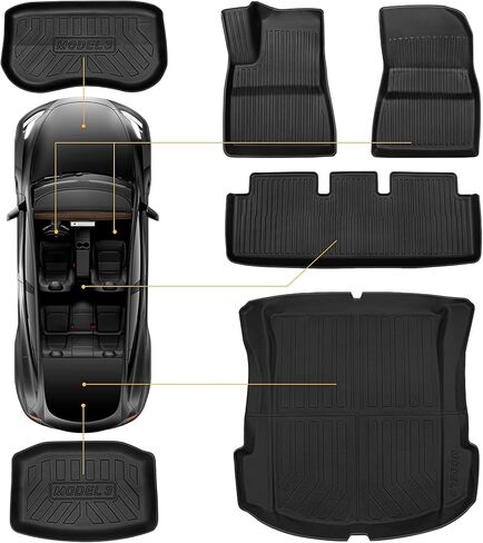 Tesla Model 3 Floor Mats Full Set, All Weather Floor mats for Tesla Model 3 2023 2022 2021, 3D TPE Anti-Slip Waterproof Floor Mat Cargo Liner Trunk Mat for Tesla Accessories, 6 PCS, Black in Saudi Arabia