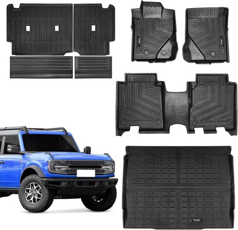 حصائر مطاطية مناسبة لجميع الأحوال الجوية متوافقة مع 2021 2022 2023 2024 Ford Bronco ذات 4 أبواب، سجادة أرضية بطانة البضائع الخلفية، سجادة مسند الظهر، مجموعة كاملة من ملحقات برونكو، سجادة حماية مقاومة للماء باللون الأسود in Kuwait