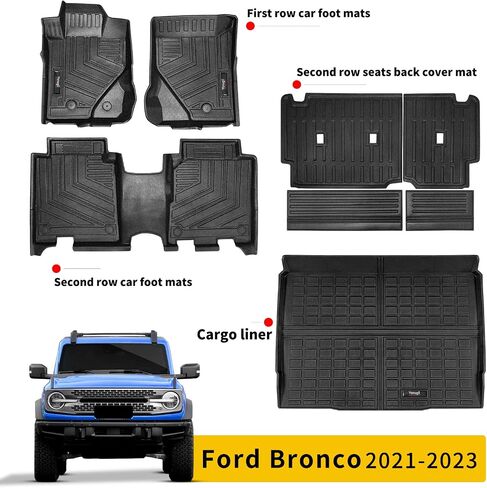 حصائر مطاطية مناسبة لجميع الأحوال الجوية متوافقة مع 2021 2022 2023 2024 Ford Bronco ذات 4 أبواب، سجادة أرضية بطانة البضائع الخلفية، سجادة مسند الظهر، مجموعة كاملة من ملحقات برونكو، سجادة حماية مقاومة للماء باللون الأسود in Kuwait