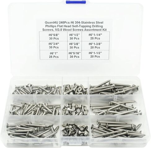 240 قطعة #6 × 5/16 بوصة، 3/8 بوصة، 1/2 بوصة، 5/8 بوصة، 3/4 بوصة، 1 بوصة، 1-1/4 بوصة، 1-3/8 بوصة، 1-1/ مسامير حفر ذاتية التنصت برأس مسطح/غاطس من الفولاذ المقاوم للصدأ 304 مقاس 2 بوصة، مجموعة متنوعة من مسامير الخشب M3.5 in Kuwait