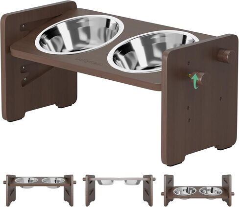 Elevated Dog Food and Water Bowls for Small Size Dogs and Cats - Adjustable Raised Dog Bowl with Stand, Durable Bamboo Dog Feeder with 2 Stainless Steel Bowls and Non-Slip Feets, Brown in Saudi Arabia