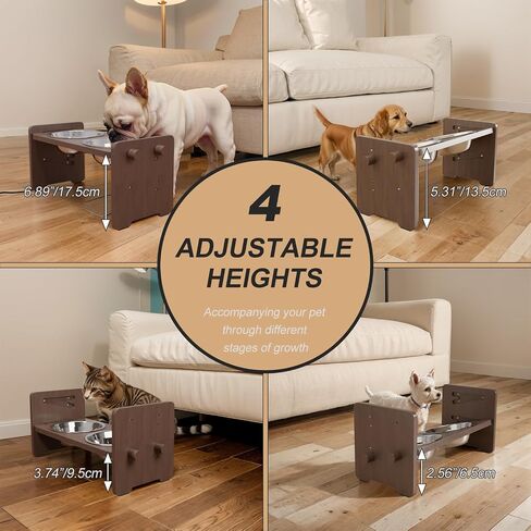 Elevated Dog Food and Water Bowls for Small Size Dogs and Cats - Adjustable Raised Dog Bowl with Stand, Durable Bamboo Dog Feeder with 2 Stainless Steel Bowls and Non-Slip Feets, Brown in Saudi Arabia