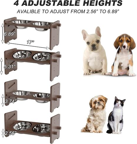 Elevated Dog Food and Water Bowls for Small Size Dogs and Cats - Adjustable Raised Dog Bowl with Stand, Durable Bamboo Dog Feeder with 2 Stainless Steel Bowls and Non-Slip Feets, Brown in Saudi Arabia