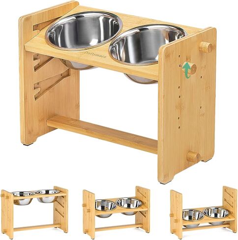 Elevated Dog Food and Water Bowls for Small Size Dogs and Cats - Adjustable Raised Dog Bowl with Stand, Durable Bamboo Dog Feeder with 2 Stainless Steel Bowls and Non-Slip Feets, Brown in Saudi Arabia