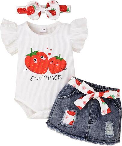 ملابس طفلة حديثي الولادة رومبير الفاكهة كشكش قصير الأكمام تنورة جينز مع مجموعة ملابس عقال 0-18 شهرًا in Kuwait