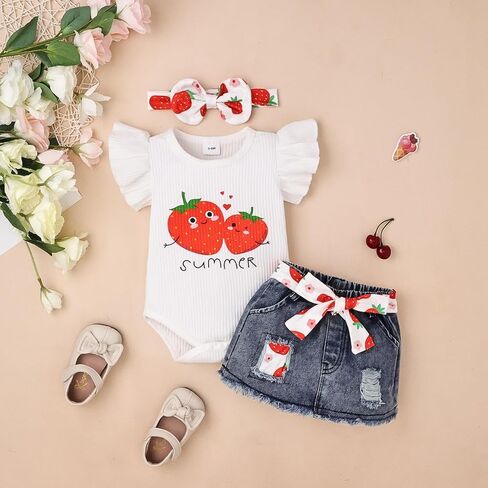 ملابس طفلة حديثي الولادة رومبير الفاكهة كشكش قصير الأكمام تنورة جينز مع مجموعة ملابس عقال 0-18 شهرًا in Kuwait