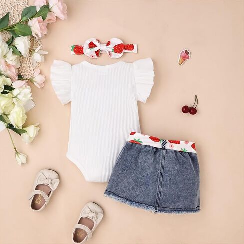 ملابس طفلة حديثي الولادة رومبير الفاكهة كشكش قصير الأكمام تنورة جينز مع مجموعة ملابس عقال 0-18 شهرًا in Kuwait
