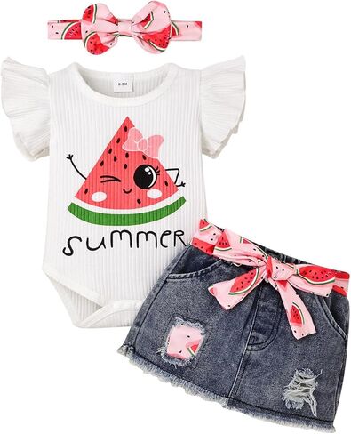 ملابس طفلة حديثي الولادة رومبير الفاكهة كشكش قصير الأكمام تنورة جينز مع مجموعة ملابس عقال 0-18 شهرًا in Kuwait
