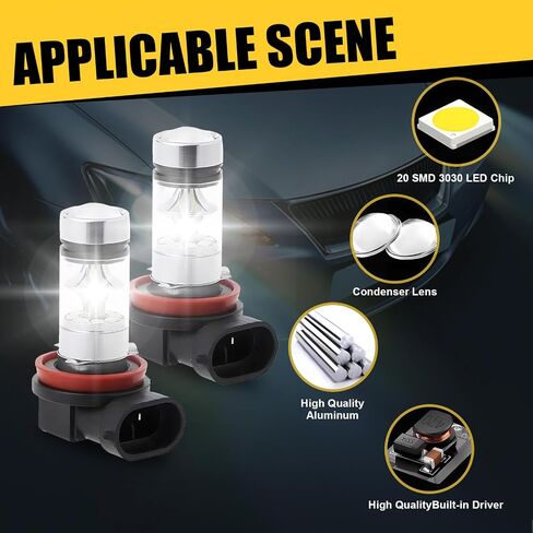 2 PCS Car H8/H11 LED Fog Light Bulb, 20LED 100W High Power 360-degree Ultra-bright Low Beam, Plug and Play Compact Bulb Replacement, Universal Automotive Lighting Accessories (White) in Saudi Arabia