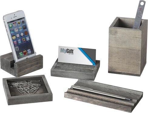 MyGift Vintage Gray Wood 5 Piece Office Supplies Desk Organizer Set with Slotted Pen Tray, Pencil Cup, Memo Pad Tray, Card Holder and Phone Stand in Saudi Arabia