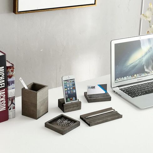 MyGift Vintage Gray Wood 5 Piece Office Supplies Desk Organizer Set with Slotted Pen Tray, Pencil Cup, Memo Pad Tray, Card Holder and Phone Stand in Saudi Arabia