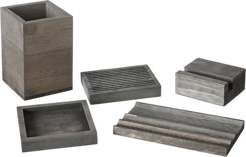 MyGift Vintage Gray Wood 5 Piece Office Supplies Desk Organizer Set with Slotted Pen Tray, Pencil Cup, Memo Pad Tray, Card Holder and Phone Stand in Saudi Arabia