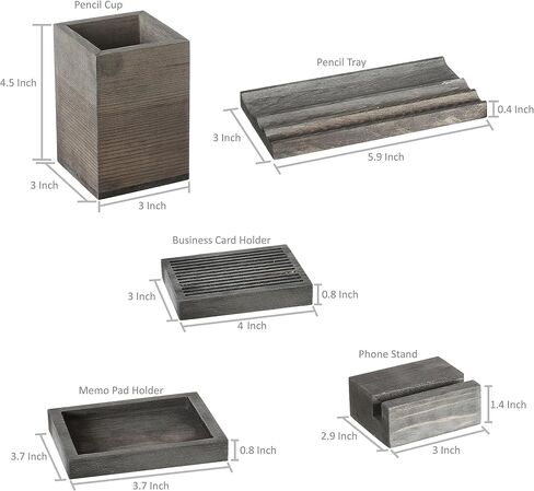 MyGift Vintage Gray Wood 5 Piece Office Supplies Desk Organizer Set with Slotted Pen Tray, Pencil Cup, Memo Pad Tray, Card Holder and Phone Stand in Saudi Arabia