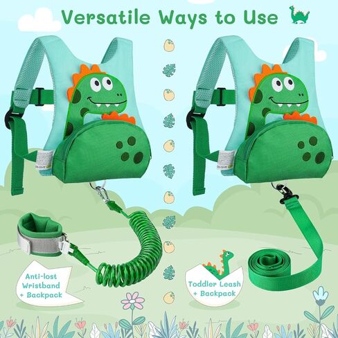 Dr.meter 3 in 1 Toddler Harness Leash + 8.2ft Anti Lost Wrist Link, Cute Dinosaur Kids Safety Harness Tether with Key Lock, Child Protective Leashes While Walking for Outdoor Activity Keep Kids Close in Saudi Arabia