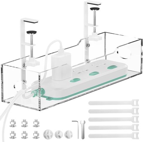 Under Desk Cable Management Tray Transparency Acrylic, No Drill Desk Cable Management with Clamp, Wire Management Cable Box, Cord Organizer, Under Desk Storage for Office, Home-1 Pack in Kuwait