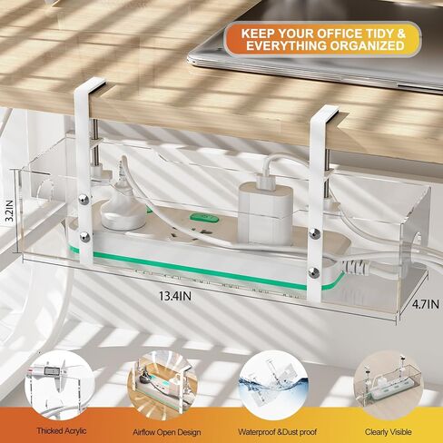 Under Desk Cable Management Tray Transparency Acrylic, No Drill Desk Cable Management with Clamp, Wire Management Cable Box, Cord Organizer, Under Desk Storage for Office, Home-1 Pack in Kuwait